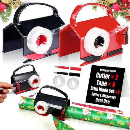 2-in-1 Wrapping Paper Cutter & Tape Dispenser, with 4 Tapes & 2 Blades ﻿ ﻿ | Sliding Gift Wrap Roll Cutter Tool with Replacement Parts, Safe & Precise Cutting for Christmas, Birthday, Crafts & Office,