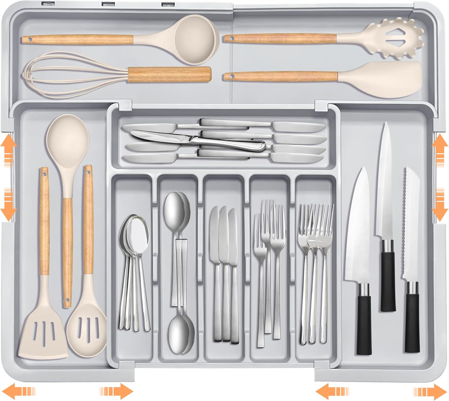Large Silverware Drawer Organizer Expandable Kitchen Utensil Organizer BPA Free Flatware Cutlery Holder Tray Adjustable Plastic Drawer Divider Storage for Forks Knives 6-9 Slots White