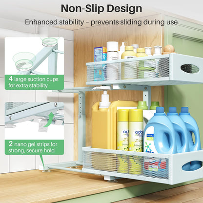 Under Sink Organizer, 2 Tier Pull out Cabinet Organizer Baskets with Mesh Sliding Drawers, Slide out Storage Shelf for Home, Kitchen, Bathroom, Pantry, Office Cabinet, Countertop(1 Pack)
