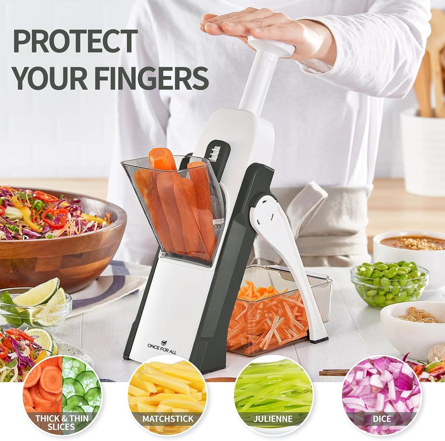 ONCE FOR ALL Safe Mandoline Slicer Plus, Bigger Size, Potato Slicer, Black | 0.1-8mm Adjustable Vegetable Food Chopper, Kitchen Mandoline Slicer Stainless Steel, Detachable Blade, Dishwasher-safe, Gift