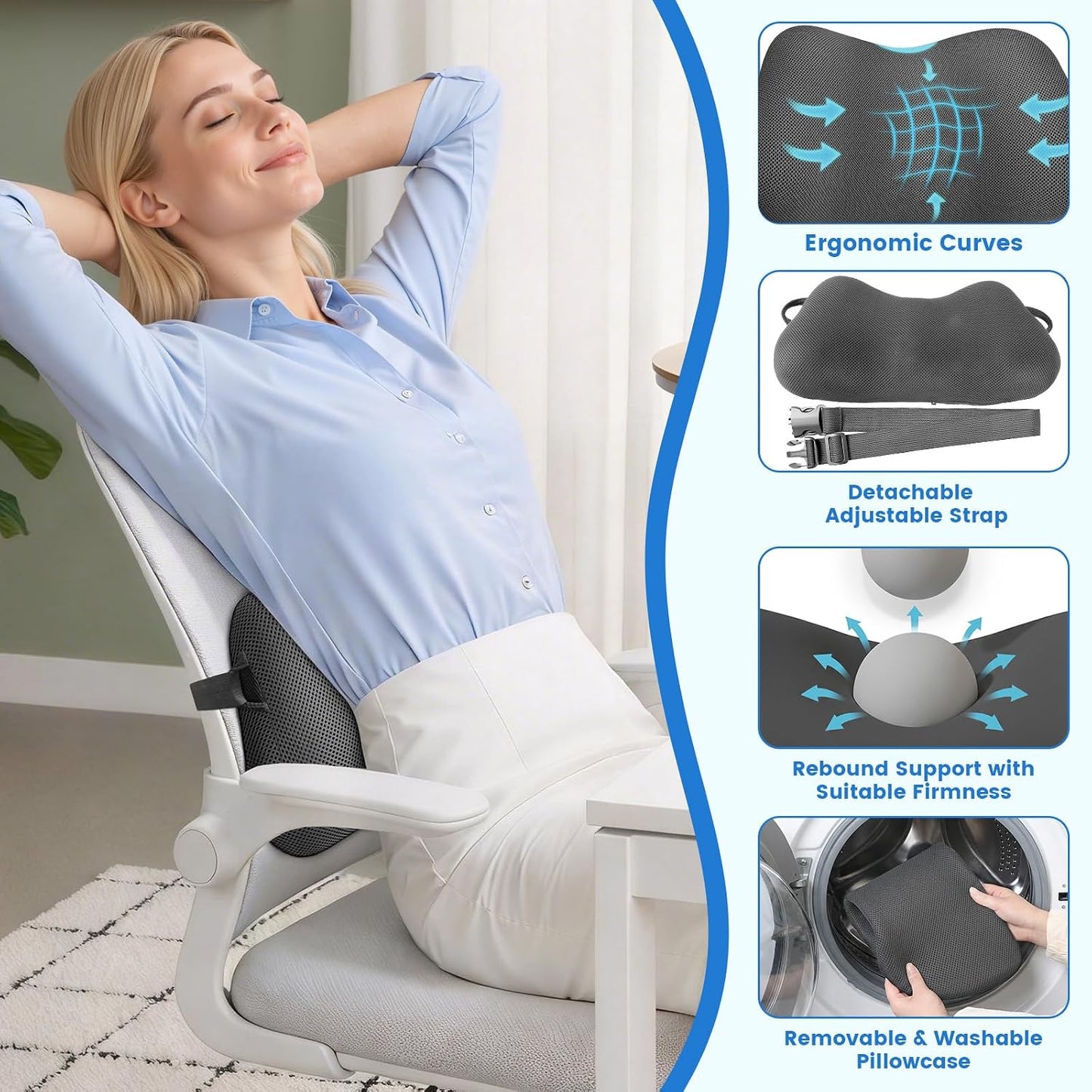 Lumbar Support Pillow, Memory Foam Back Cushion for Office Chair Car, Black | Ergonomic Lower Back Support with Adjustable Strap, Breathable Removable Cover for Couch, Wheelchair and Daily Comfort