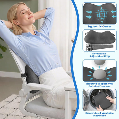Lumbar Support Pillow, Memory Foam Back Cushion for Office Chair Car, Black | Ergonomic Lower Back Support with Adjustable Strap, Breathable Removable Cover for Couch, Wheelchair and Daily Comfort