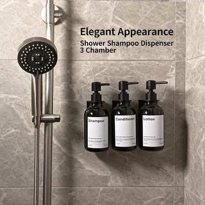 3 Pack Wall Mount Shower Dispenser, No Drill, 16 Waterproof Labels | Shampoo Dispenser for Shower Wall, Shampoo and Conditioner Dispenser, Bathroom, 17oz, Gold Amber