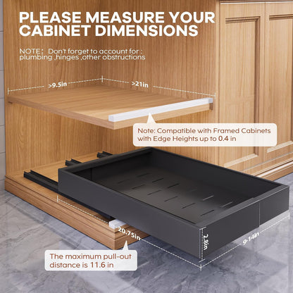 Seinloes 2Pack Expandable Pull Out Cabinet Organizer 21"Deep With Raising Pad for Framed Cabinets, Upgrade 3 Slide Rails Slide Out Drawers, Roll Out Shelves Adhesive,Adjustable Width 12.05"-20.4"White