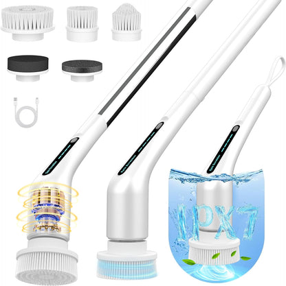 Electric Spin Scrubber, Shower Cleaner with Adjustable Extension Handle | Cordless IPX7 Waterproof 2 Speeds 5 Replaceable Heads for Bathroom,Toilet, Bathtub, Kitchen, Tile Floors