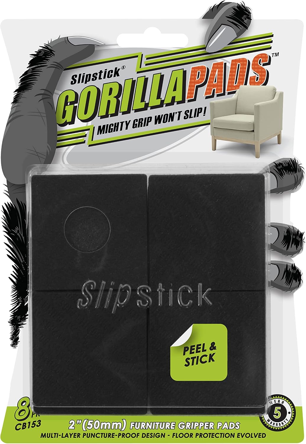 Slipstick GorillaPads CB147 Non Slip Furniture Pads/Gripper Feet (Set of 16) Self Adhesive Rubber Floor Protectors, 1 inch Round, Black