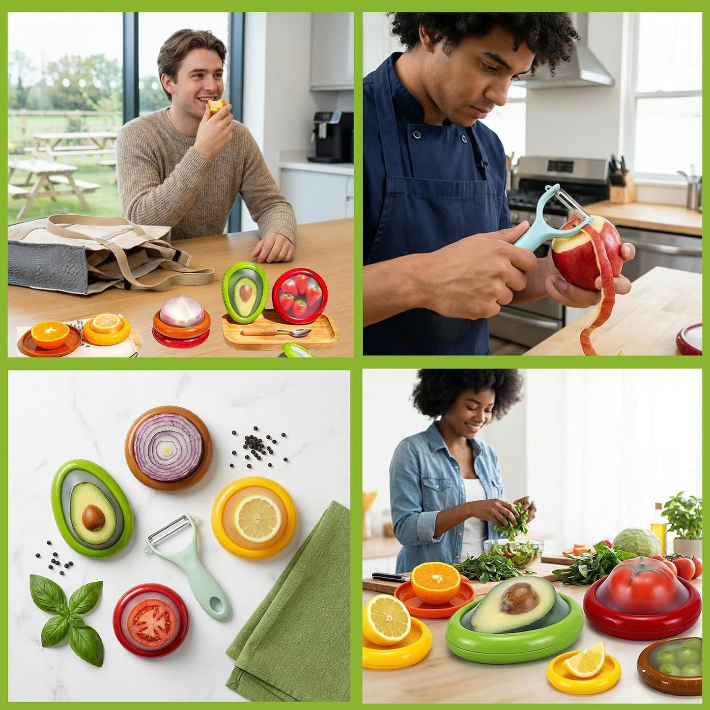 Avocado Saver for Fridge, 5-Piece Produce Saver Set with Peeler | 4 reusable silicone storage pods plus 1 fruit peeler for avocado, tomato, onion and lemon, ideal for office snacks or camping