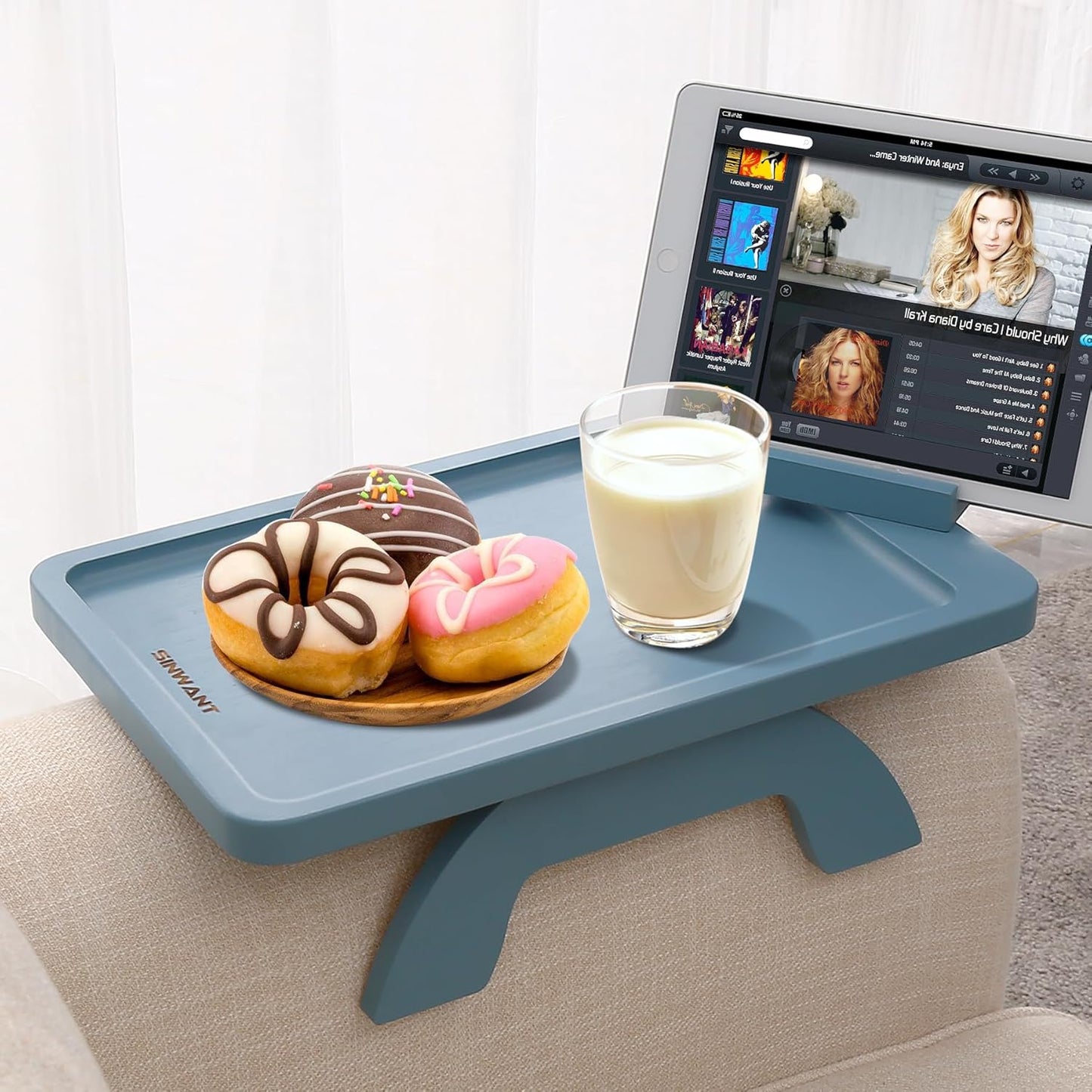 Couch Arm Tray,Bamboo Sofa Clip on Side Table,Foldable Couch Armrest Table with 360°Rotating Phone Holder,Anti Slip Food Trays for Eating/Drinks/Snacks/Remotes 15.35" x 9.85"