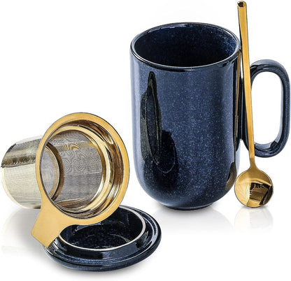 Ceramic Tea Cup Mug Infuser - VICRAYS Large 16 oz Hot Loose Steeping Handle Teacup with Leaf Infuser Spoon Lid - Blue Tall Glazed Strainer Coffee Mug Microwave Safe - Blue
