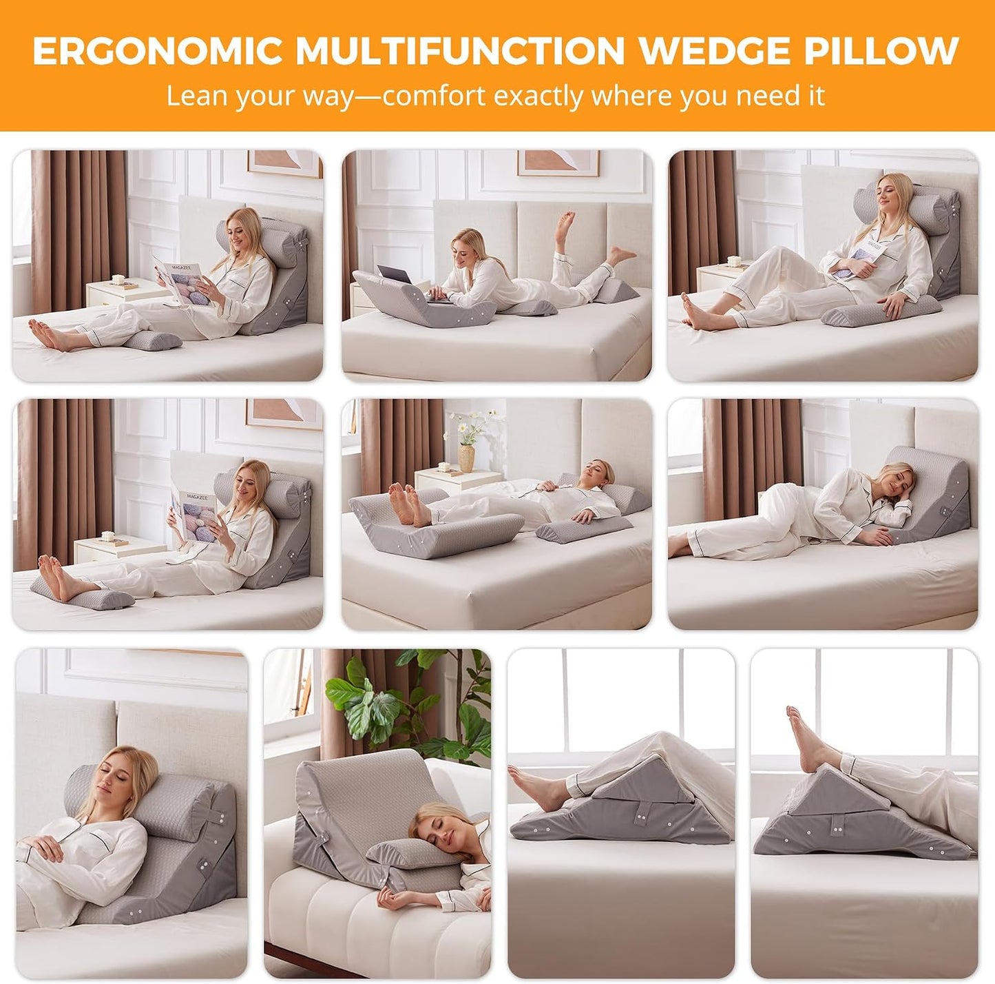 Ruqmuis 3PCS Wedge Pillow Set for After Surgery, Adjustable Back Pillow for Bed Sitting up, Acid Reflux, Bed Wedge Pillow Headboard for Sleeping & Snoring, Orthopedic Pillow for Post Surgery, White