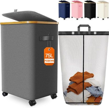 Double Laundry Basket with Wheels and Lid, 150L Clothes Hampers for Laundry | Large Laundry Hamper with 2 Sections & Removable Liner Bags, Rolling Dirty Clothes Basket for Bedroom Bathroom Dorm College