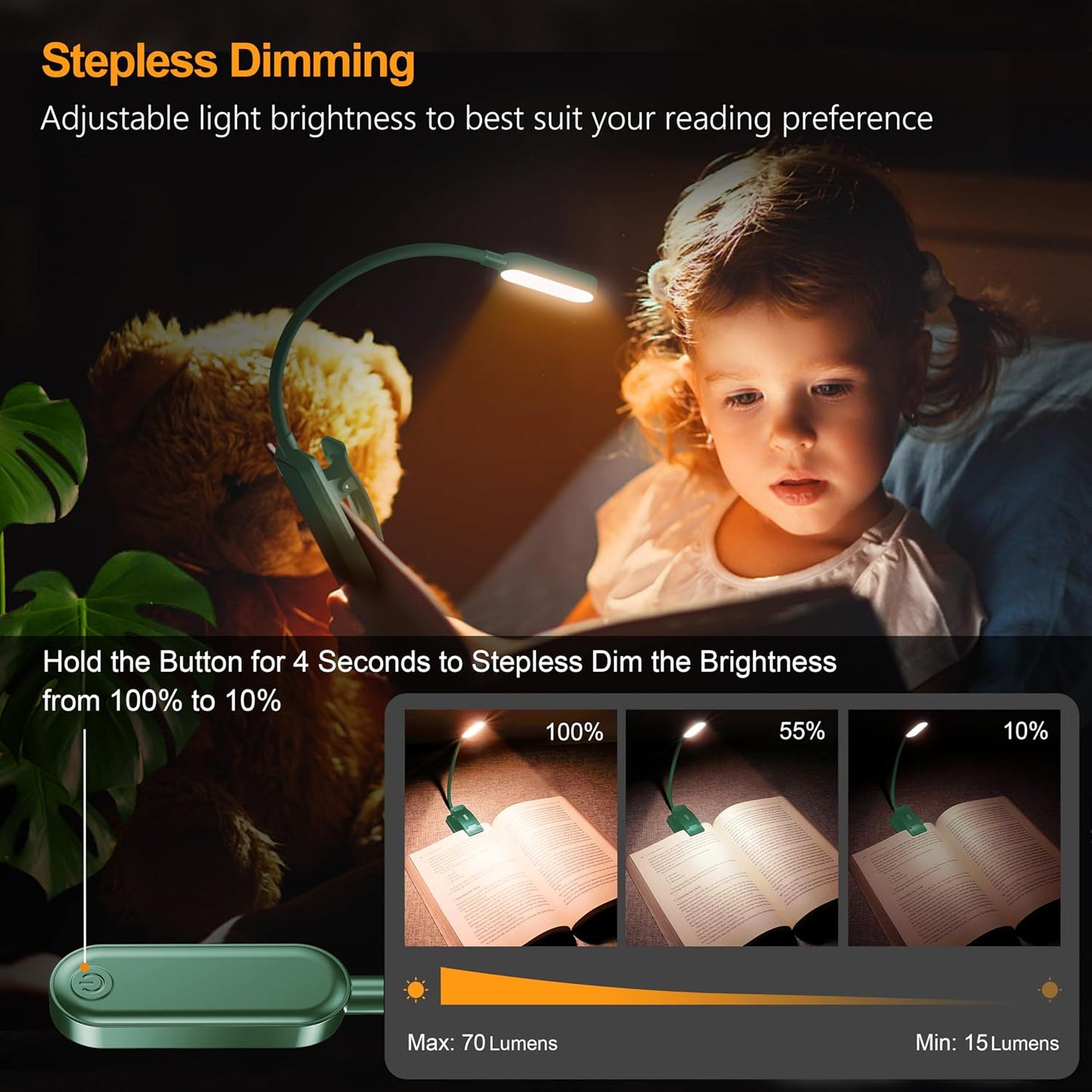 Gritin 16 LED Rechargeable Book Light for Reading in Bed | Eye Caring 3 Color Temperatures,Stepless Dimming Brightness,80 Hrs Runtime,Lightweight Flexible Clip on Light for Book Lovers