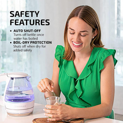 OVENTE 1.5L Glass Electric Kettle Water Boiler, Black KG83B | 1100W Fast Boiling, Borosilicate Glass, BPA-Free, Blue LED, Auto Shut-Off, Boil-Dry Protection, Removable Filter, 360° Base