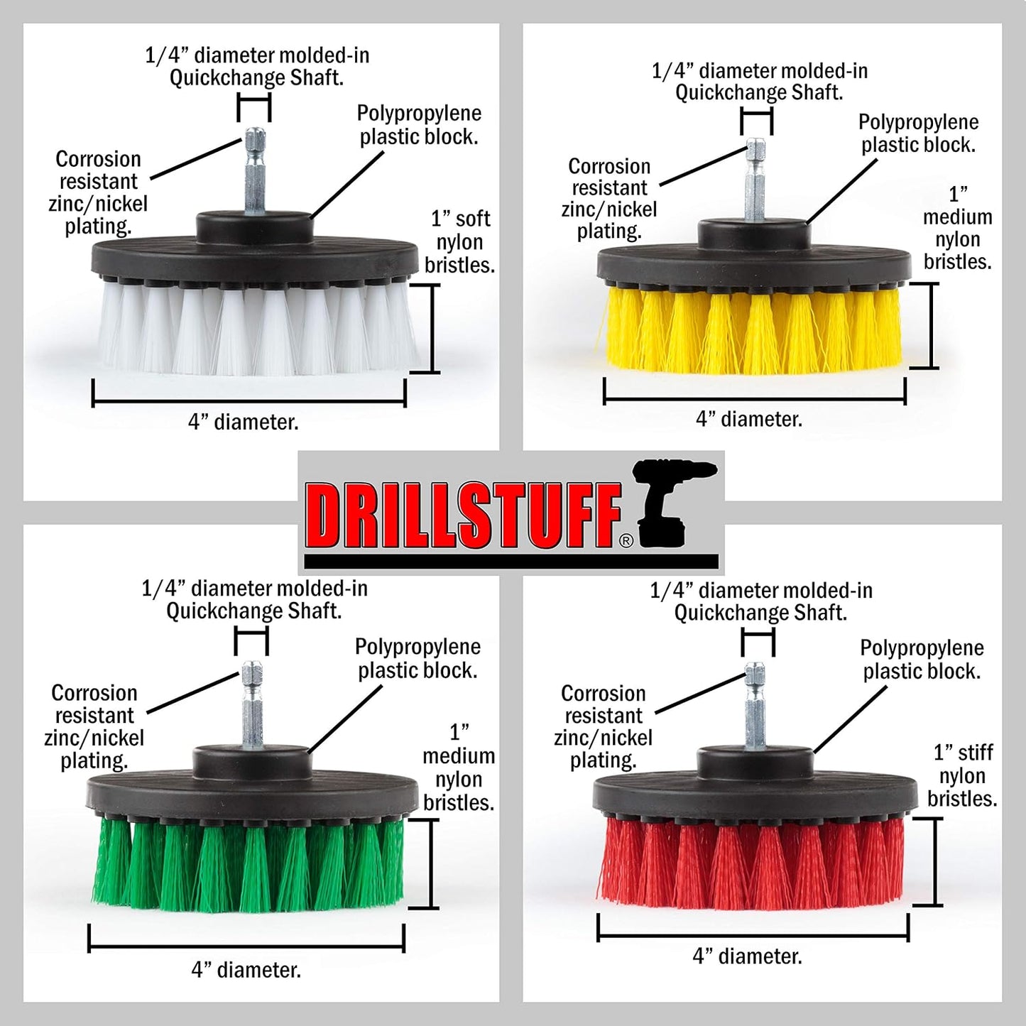 4in Soft, Medium and Stiff Drill Brush Attachment Power Scrubber Brush Set | 4 Piece Power Scrubbing Brushes Drill Attachment Kit - Spin Brushes for Cleaning Showers, Tubs, Bathroom, Tile, Grout, Carpet