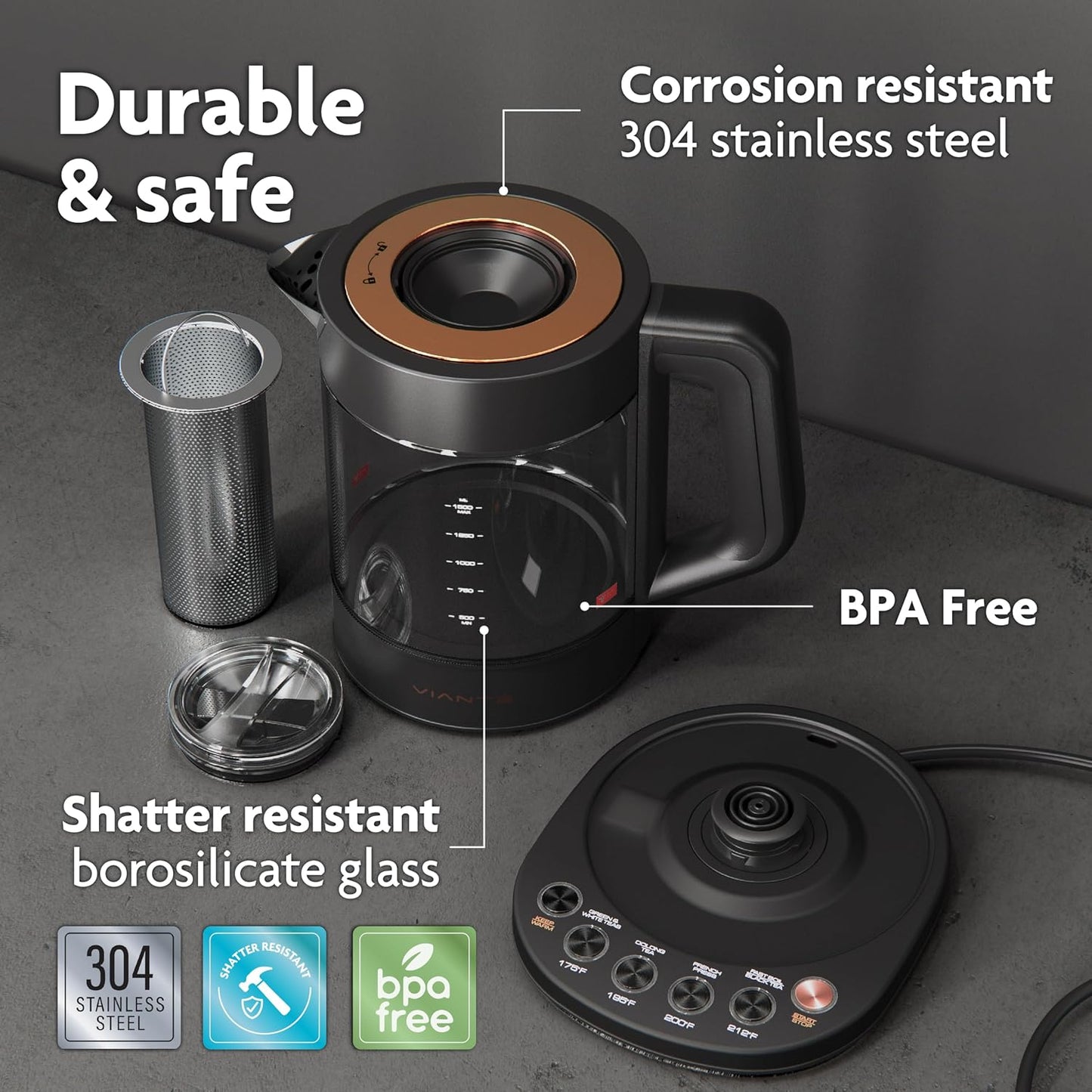 Viante Alba Electric Tea Kettle With Infuser, No Plastic, 1.5L | Borosilicate glass & 304 stainless steel construction. 4 temp presets, keep-warm, cordless, auto shut-off