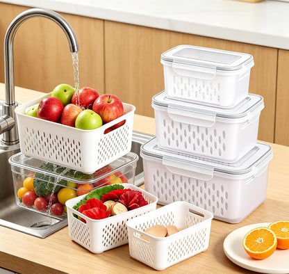 6 Packs Large Fruit Containers, Fridge Organizer Bins | Plastic Airtight Food Storage Containers with Removable Colander for Berries, Fruits, Vegetables, Salad