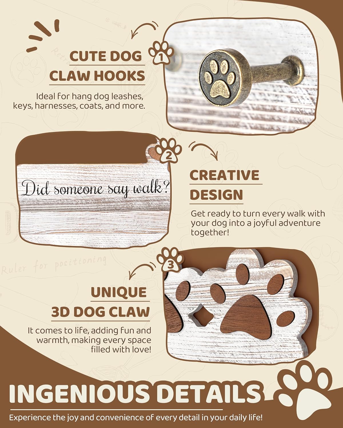 MTERSN Cute Dog Leash Holder for Wall for Pet Station Organizer, Brown