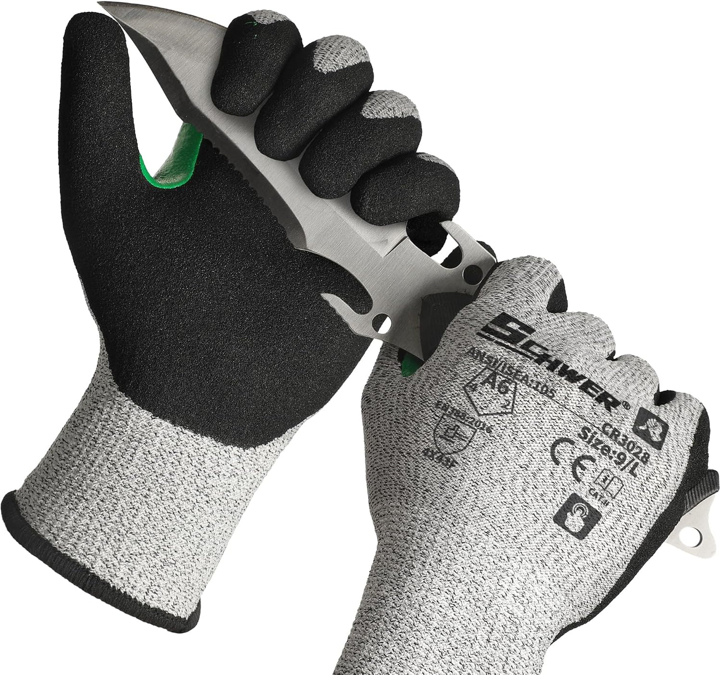Schwer 2 Pairs A7 Cut Resistant Work Gloves, Touchscreen, CR3027, L | Sandy Nitrile Coated, Superior Grip, Used for Woodworking, Glass Cutting, Construction, Cargo Handling, Gardening, Car Repair