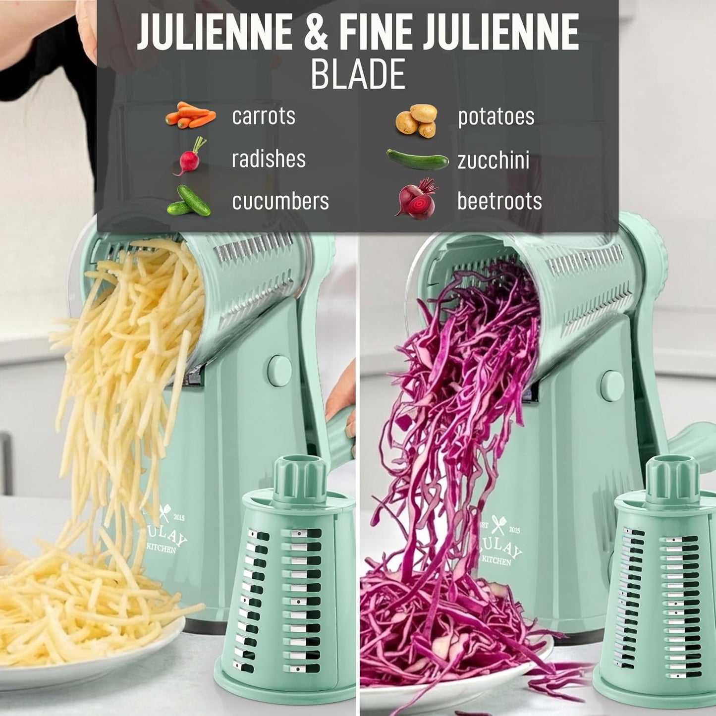 Zulay Kitchen Rotary Cheese Grater 5 Blade Cheese Shredder - Manual Hand Crank Cheese Grater With Reinforced Suction & 5 Interchangeable Drums - Easy to Use, Vegetable Chopper Round Mandoline Slicer - Colors A