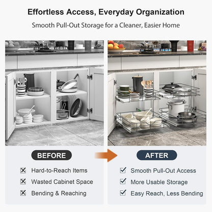 2 Tier Pull Out Cabinet Organizer - 20" W x 22" D Soft Close Slide Out Shelves with Shelf Liners - Pullout Drawers for Kitchen Cabinets, Pantry, Bathroom, Heavy Duty Steel Wire Baskets