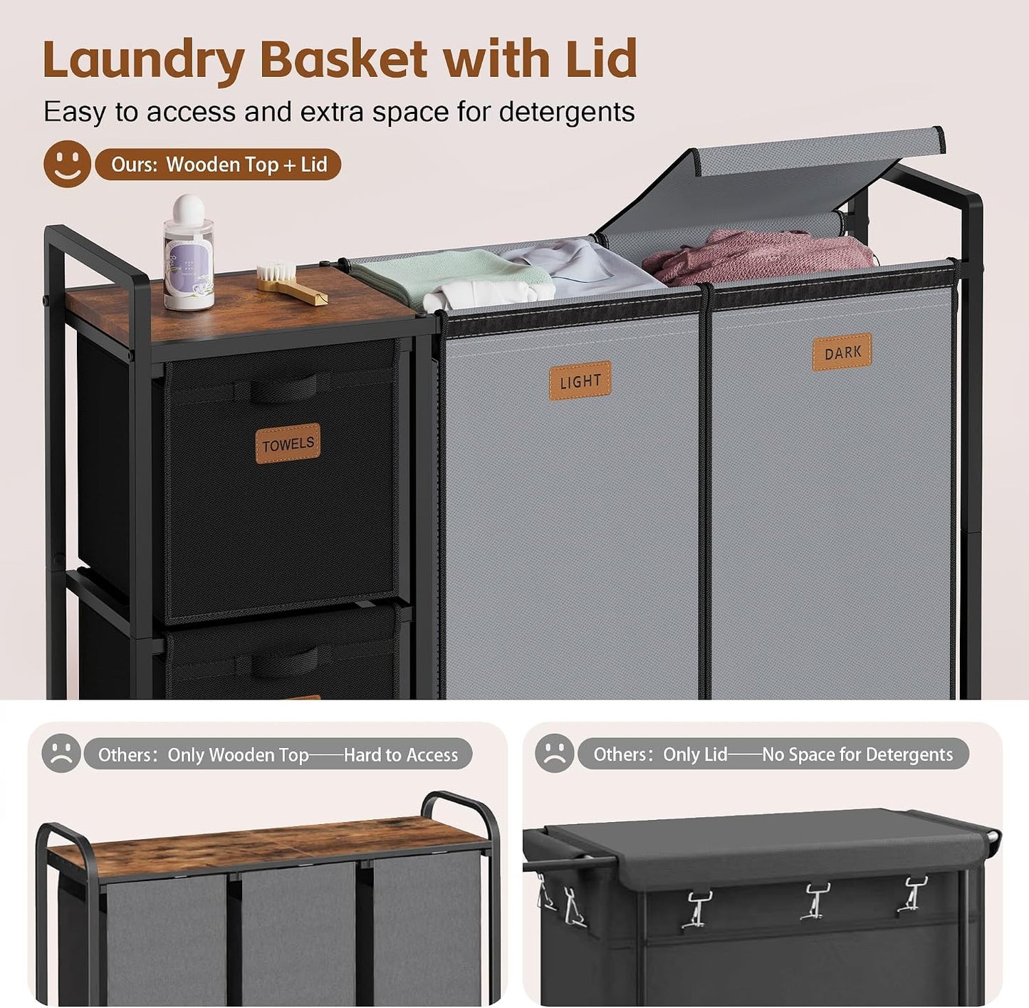 Hoctieon 4 Section Laundry Cart, 52.8 Gal. (200L) Laundry Hamper with Lid, Laundry Basket with Wheels, Rolling Laundry Sorter Organizer with Shelf, Clothes Separator with Removable Bags, Black