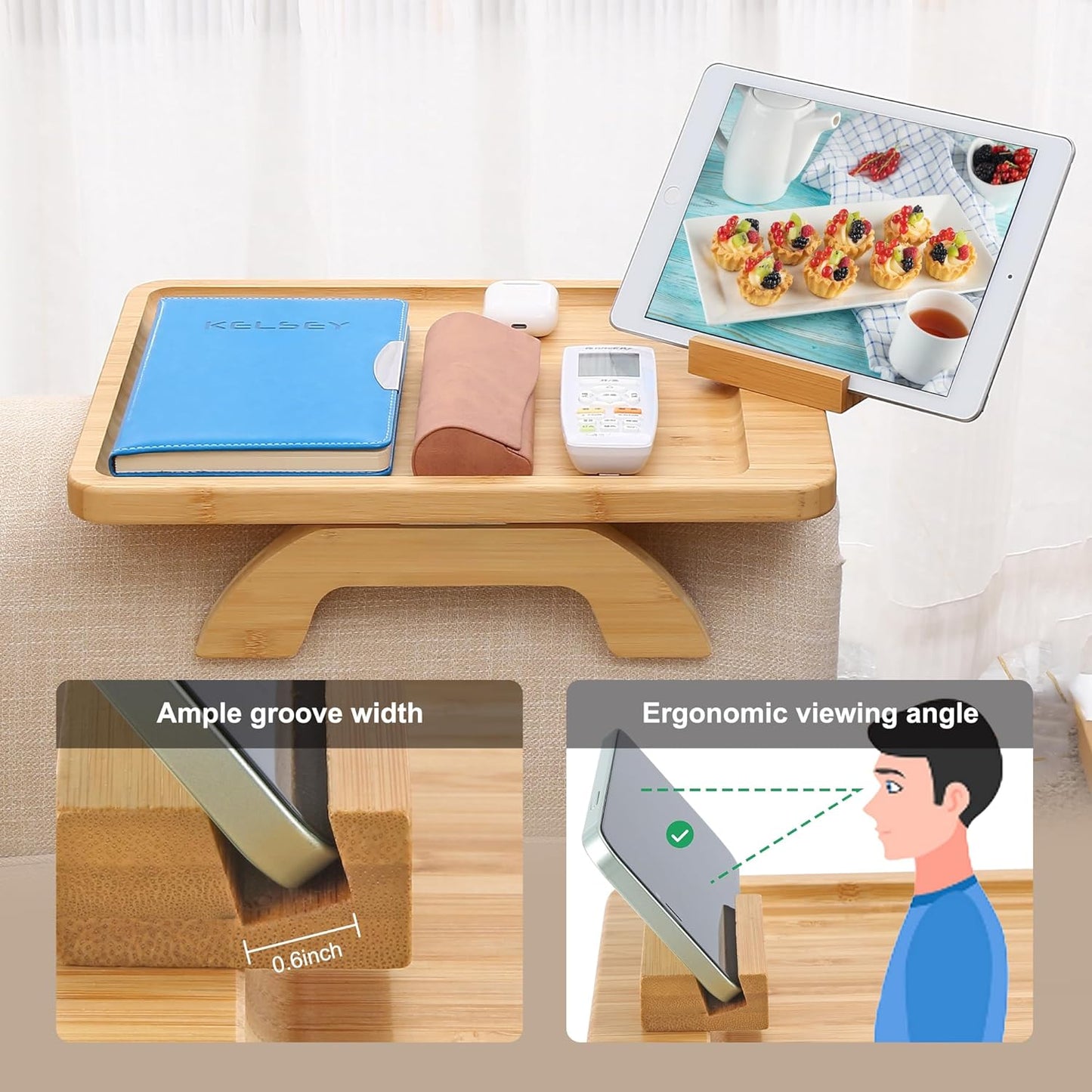 Couch Arm Tray,Bamboo Sofa Clip on Side Table,Foldable Couch Armrest Table with 360°Rotating Phone Holder,Anti Slip Food Trays for Eating/Drinks/Snacks/Remotes 15.35" x 9.85"