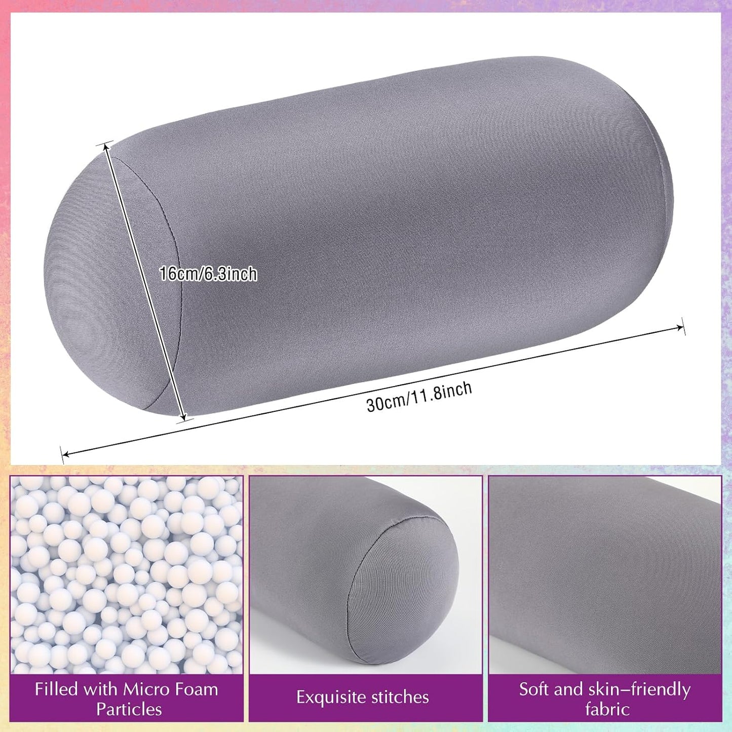 Geelin 2 Pcs Microbead Roll Pillow 11.8 x 6.3 Inch Soft Pillow Bolster Cylindrical Pillow Microbead Pillows for Sleeping Home Travel Neck Head Back Support Rest (Violet, Black)