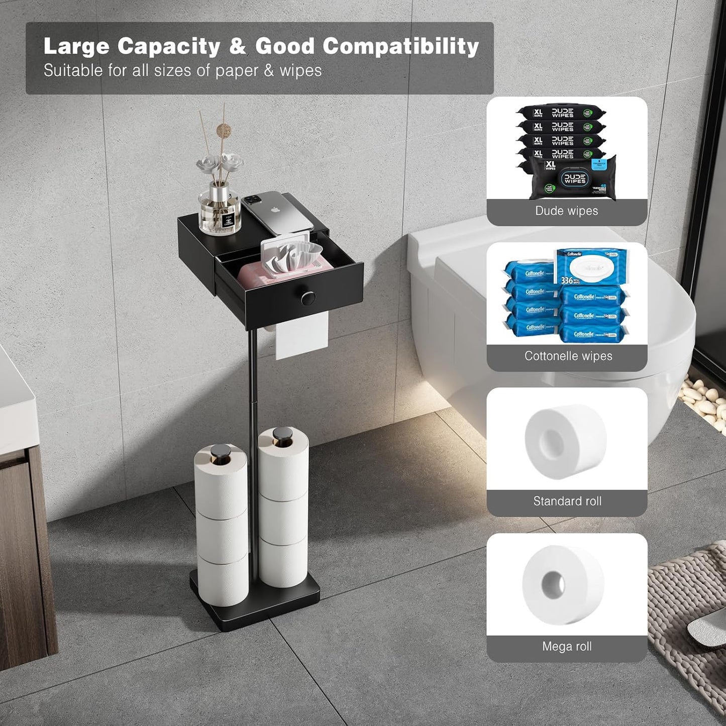 VOLDRA Toilet Paper Holder with Shelf Black Wipes Dispenser for Bathroom Toilet Paper Holder with Storage Upgrade Drawer Design Toilet Tissue Holder Adhesive Small Bathroom Shelf Wall Mount