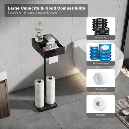 VOLDRA Toilet Paper Holder with Shelf Black Wipes Dispenser for Bathroom Toilet Paper Holder with Storage Upgrade Drawer Design Toilet Tissue Holder Adhesive Small Bathroom Shelf Wall Mount