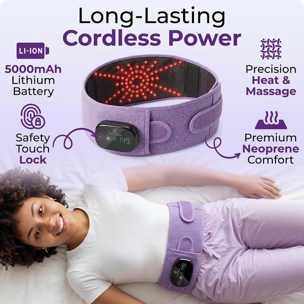 Cordless Wearable Heating Pad with Massager for Back Pain Relief, Wireless Rechargeable Portable Heat Belt for Period Cramps, Postpartum Recovery and Lower Back Comfort