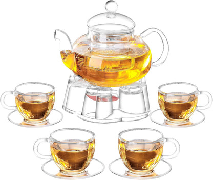 Jusalpha 11 PC-Glass Filtering Tea Maker Teapot with a Warmer and 6 Tea Cups Set (Version 2, 27-Oz) | 6 units of 1.7 oz tea cups, tea set comes with a 27 oz teapot with a removable infuser