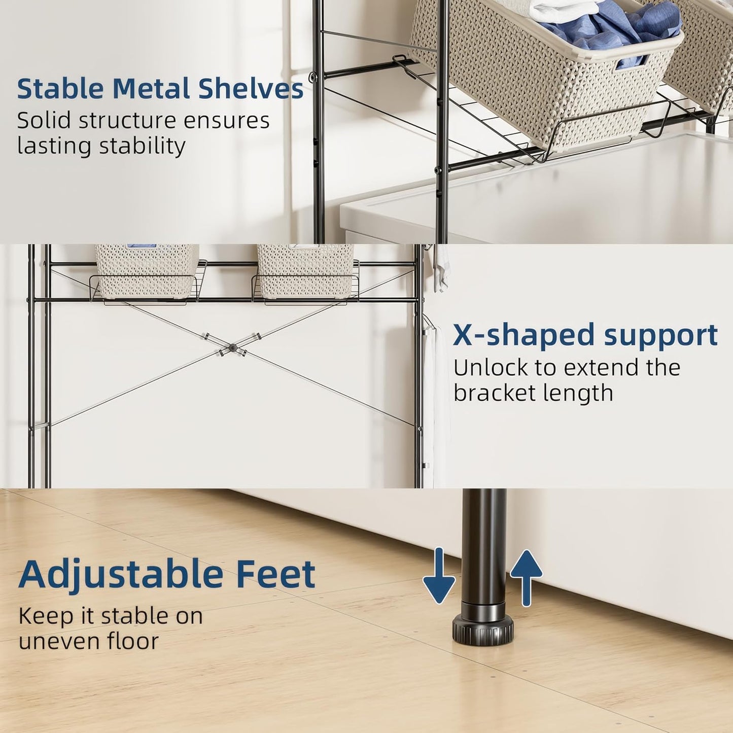 Laundry Room Storage Shelf & Organizer, 2 Tier Metal Over Washer and Dryer Shelves, Washing Machine Shelf with Hanger Rod, Expandable Bathroom Space Saver Shelf, 26–37" L x 15.8" W x 59.5" H, Black