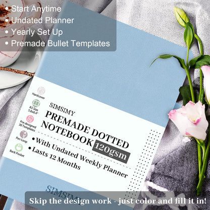 Premade Dotted Journal Notebook with Bullet Templates, Pre-made Dot Grid Journaling with Undated Weekly & Monthly Planner, Various Trackers - 12 Month Organization, A5 Hardcover