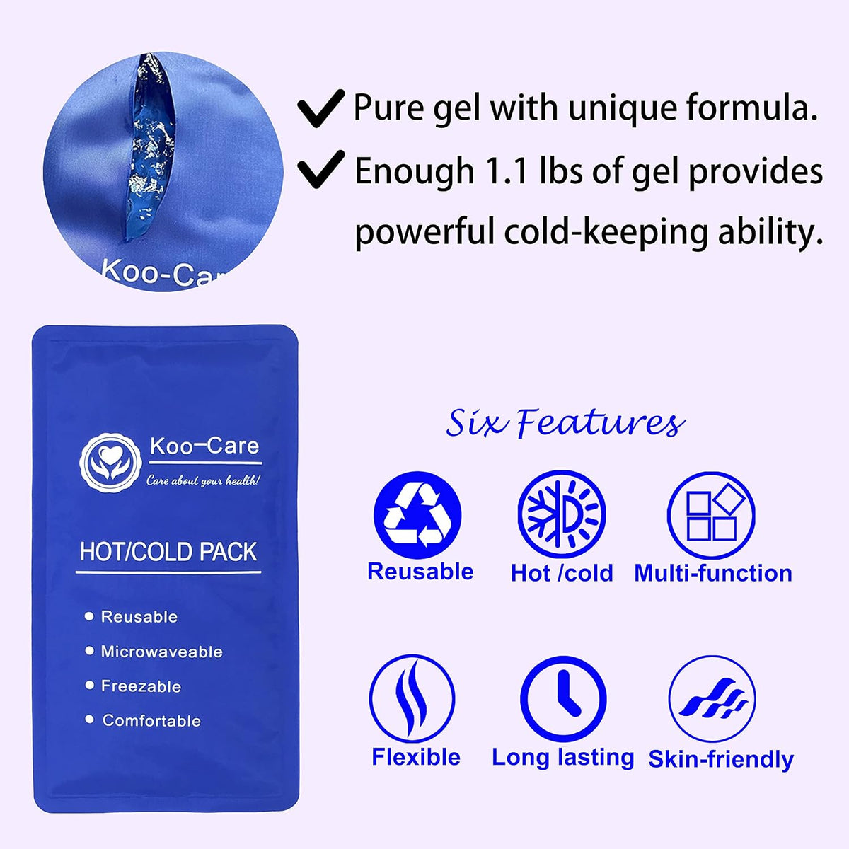 Koo-Care Flexible Gel Ice Pack & Wrap with Elastic Strap for Hot Cold Therapy - Great for Migraine Relief, Sprains, Muscle Pain, Bruises, Injuries (Head, Neck, Arm, Elbow, Knee, Ankle)