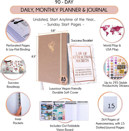 Freedom Mastery Daily Journal of Gratitude, Productivity & Habit Tracker | Undated 90-Day Planner with Daily Reflection, Mindfulness, Positivity, Vision Board & Stickers, Gratitude Journal for Women