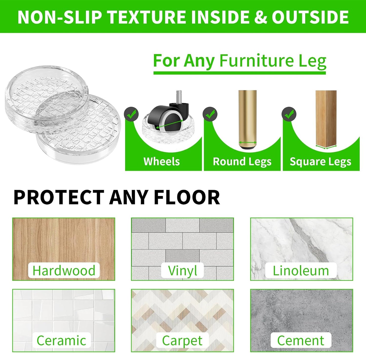 Non Slip Furniture Pads for Hardwood Floors - 12PCS 2" Caster Cups, Round | Furniture Stoppers to Prevent Sliding, Anti Slip Furniture Coasters Cup, Floor Protectors for Furniture Bed Couch Chair,Black