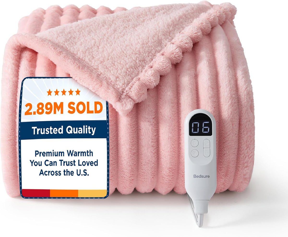Bedsure Heated Blanket Electric Throw - Thick Striped Fast Heating Electric Blanket with Preheat Function, 6 Heat & 6 Timer (Up to 10H), 8H Auto Off, ETL Certified, Gifts for Women (50"x60", White)
