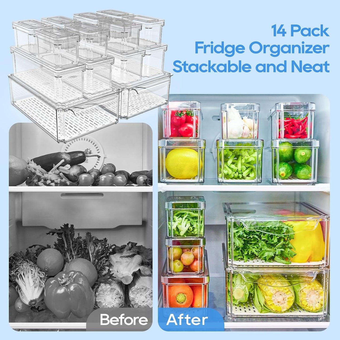JollyPack Fridge Organizers, Refrigerator Organizer Bins with Lids, 14 Pack | BPA Free, Stackable Fruit Storage Containers, Great for Fridge, Vegetables, Food and Drinks