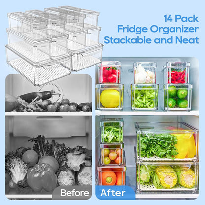 JollyPack Fridge Organizers, Refrigerator Organizer Bins with Lids, 14 Pack | BPA Free, Stackable Fruit Storage Containers, Great for Fridge, Vegetables, Food and Drinks