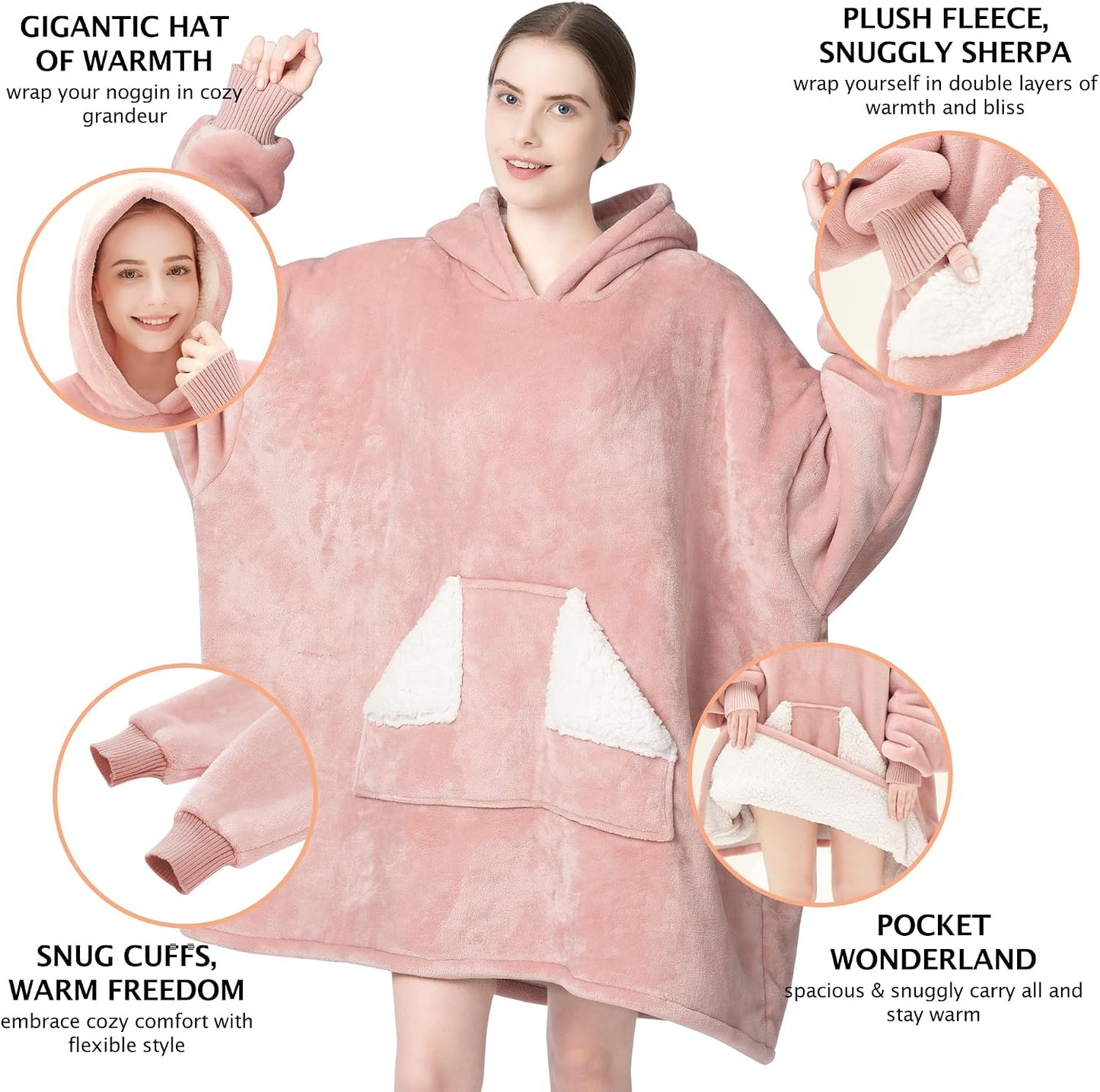 Wearable Blanket Hoodie, Oversized Sherpa Fleece Sweatshirt Blanket with Giant Hood Pocket and Sleeves for Adult, Warm & Cozy Grey Blanket Gifts for Women