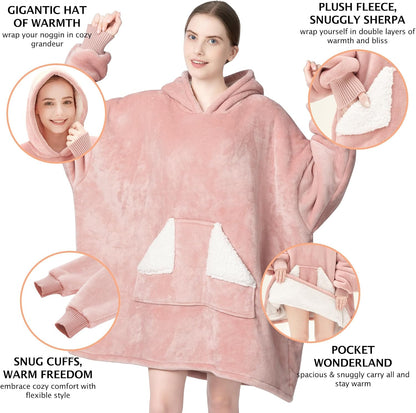 Wearable Blanket Hoodie, Oversized Sherpa Fleece Sweatshirt Blanket with Giant Hood Pocket and Sleeves for Adult, Warm & Cozy Grey Blanket Gifts for Women