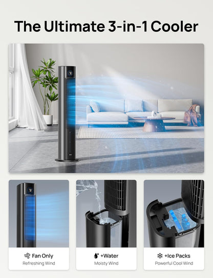 DREO Tower Fan for Bedroom, 43" Cooling Fans That Blow Cold Air 2025 Upgraded, Evaporative Air Cooler, Quiet 85° Oscillating Floor Fan, Easy Cleaning, APP Control, 4 Modes & 4 Speeds, Ink Black