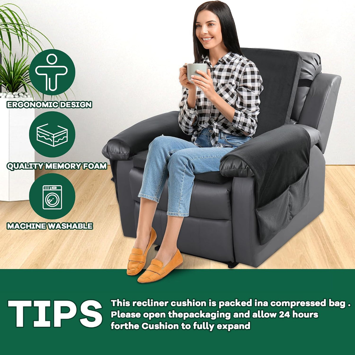 HOMBYS Recliner Chair Cushion for Elderly with Lumbar Support Pillow & Recliner Armrest Cover, 20"x20" Memory Foam Seat Cushion Non-Slip & Supportive, Machine Washable, Brown