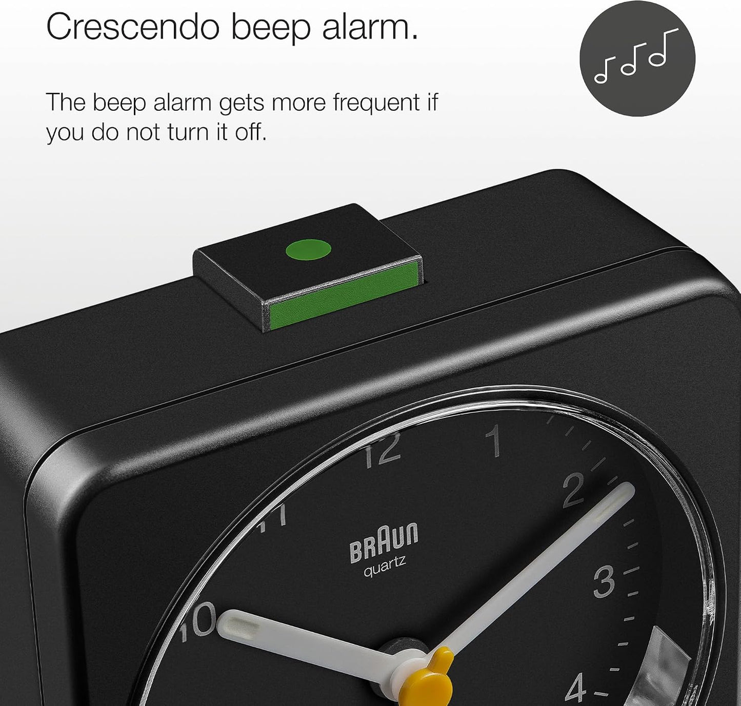 Braun Classic Analogue Alarm Clock with Snooze and Light, Quiet Quartz Sweeping Movement, Crescendo Beep Alarm in Black, Model BC03B.