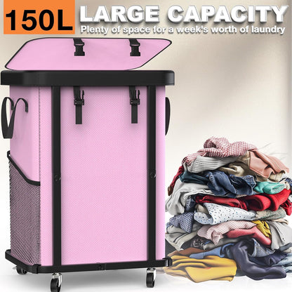 Laundry Hamper with Wheels,150L Leather Patchwork Clothes Hamper Black | Rolling Laundry Basket with Sturdy Metal Frame, Removable Washable Bag,Tall Clothes Sorter for Bedroom, Laundry Room, Dorm