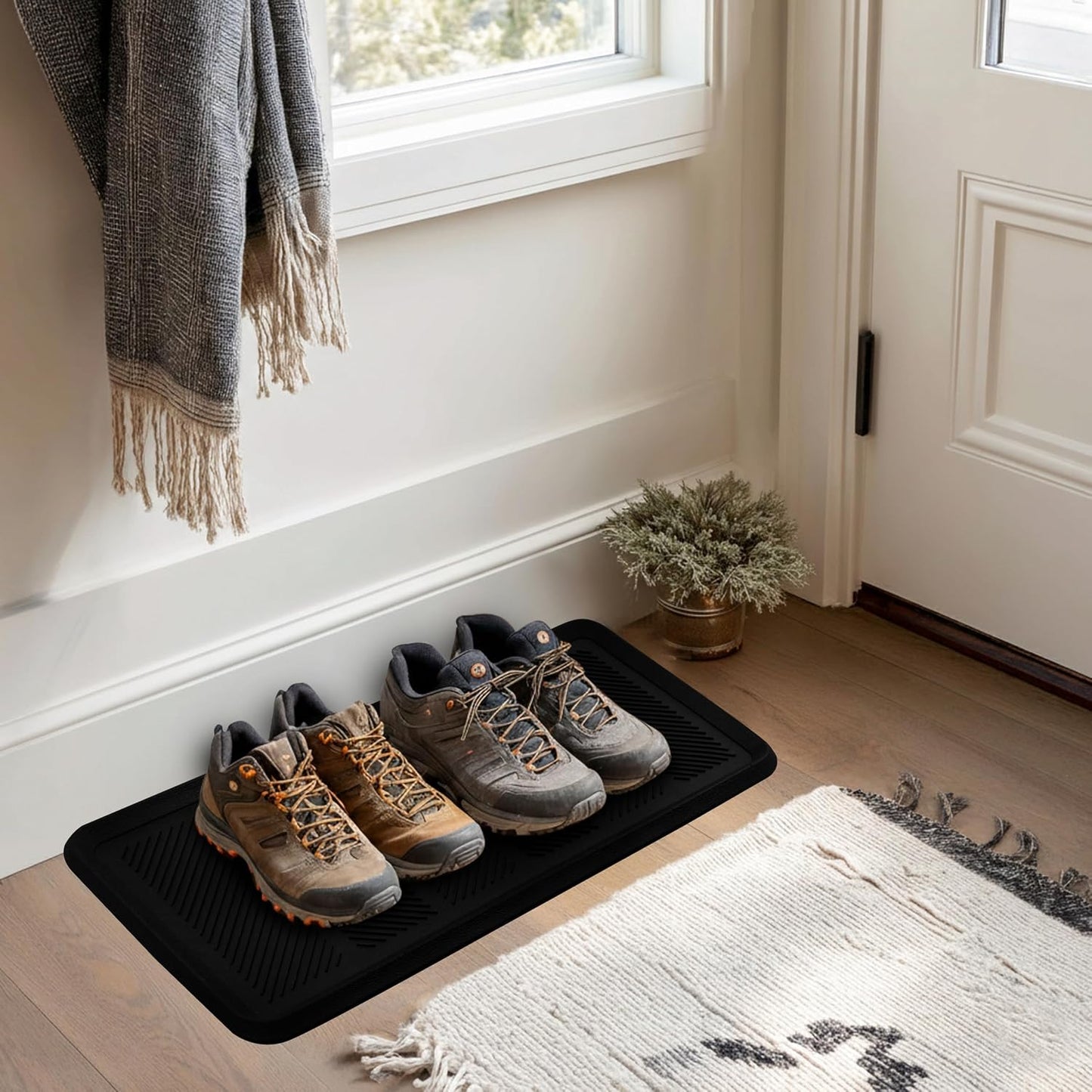 Croft&Cane Rubber Boot Tray - Black 16x32 inch Large Waterproof Shoe Tray | Heavy Duty Big Foot Indoor Outdoor Boot Mat with Raised Edges - Slip Resistant Entryway Garage Pet Feeding Multi-Purpose Mat