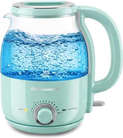 Elite Gourmet 1.2L Glass Kettle, 1200W Fast Boil, Temp Control, Mint | BPA-Free Borosilicate Glass, Keep Warm Function, Auto Shut-Off & Boil-Dry Protection, 360° Cordless Base