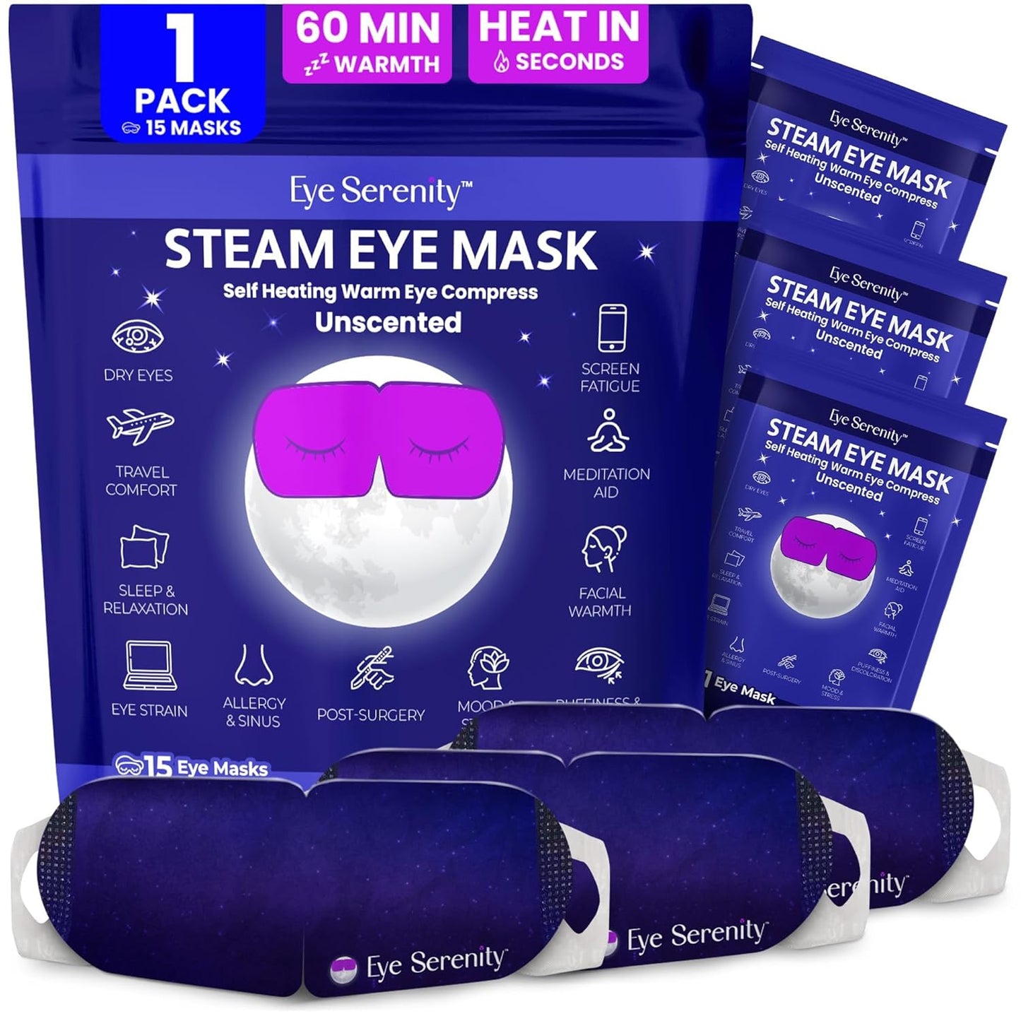 Eye Serenity Steam Eye Mask, Heated Eye Mask, Self Heating Warm Compress for Dry Eyes, Fast Relief for Stye, Puffy Sensitive Eyes, Moist Heat, Gift for Women and Men - Unscented
