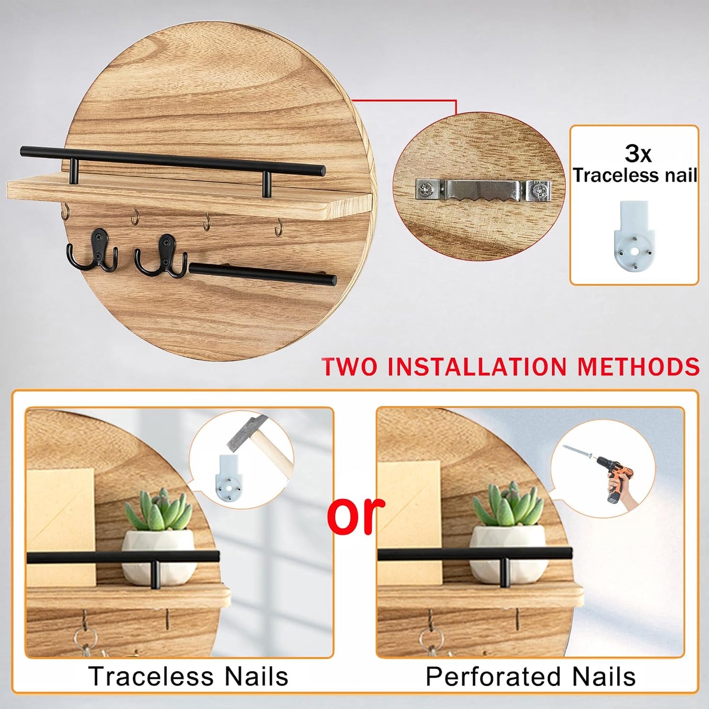 Key Holder for Wall Decorative with Shelf and Hooks, Mail Organizer Wall Mount with Sunglasses Holder, Circular Design Entryway Key Rack Hanger, Rustic Home Decor Boho Wall Decor (White)
