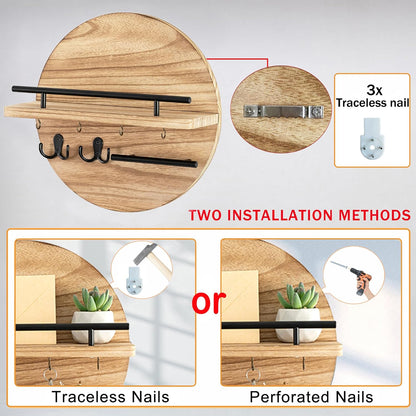 Key Holder for Wall Decorative with Shelf and Hooks, Mail Organizer Wall Mount with Sunglasses Holder, Circular Design Entryway Key Rack Hanger, Rustic Home Decor Boho Wall Decor (White)